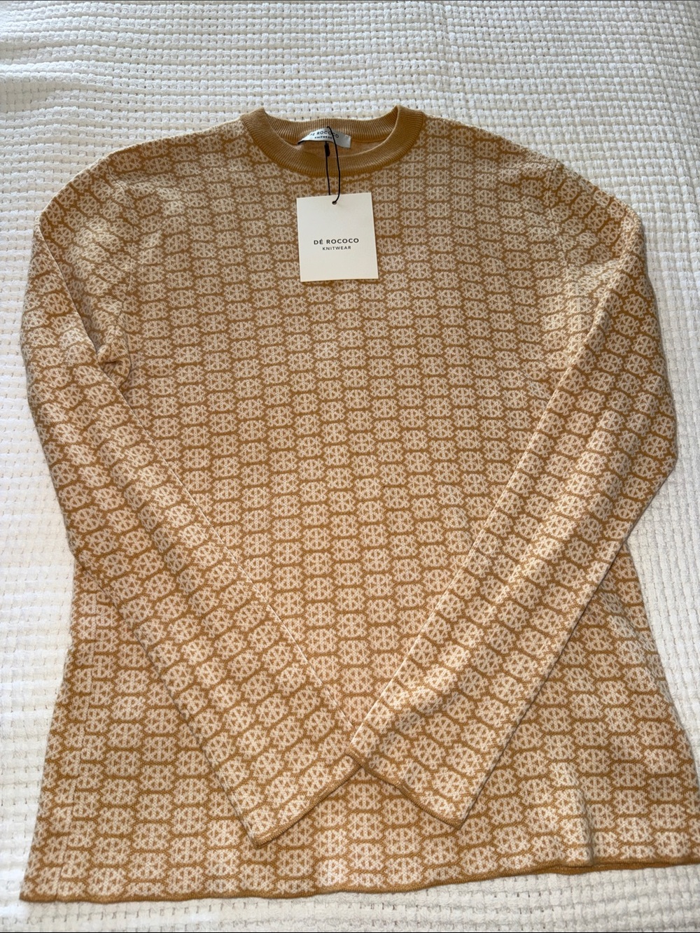 NWT Size XS De Rococo Tan Patterned Crewneck Sweater - Women's